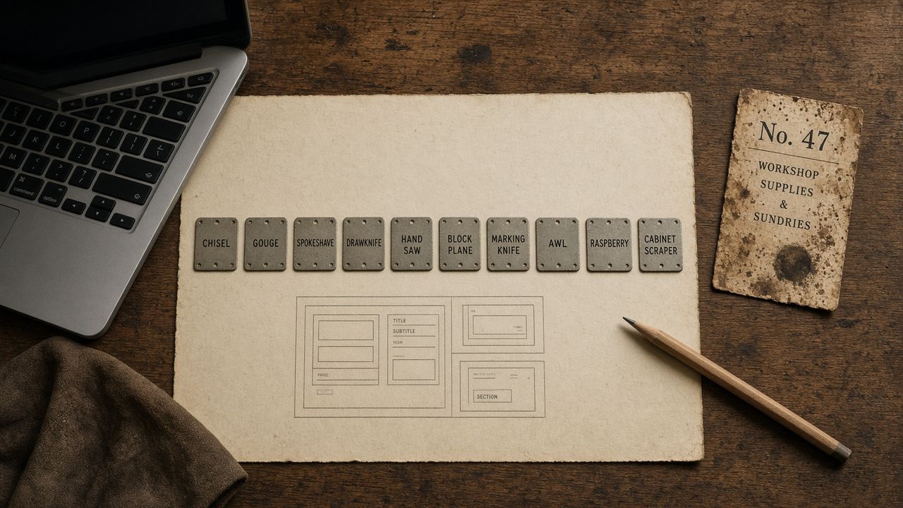 Overhead of a workbench with ten labeled tool tags, a laptop, a printed wireframe, and a ticket stub