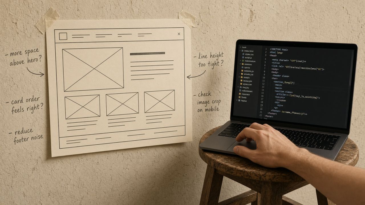 A printed UI frame taped to a wall with pencil notes, next to a laptop implementing the same layout