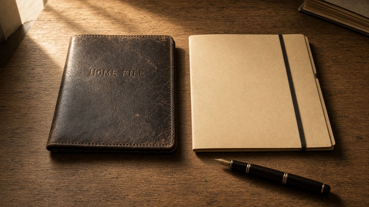 A worn leather home file next to a manila project folder on a sunlit desk
