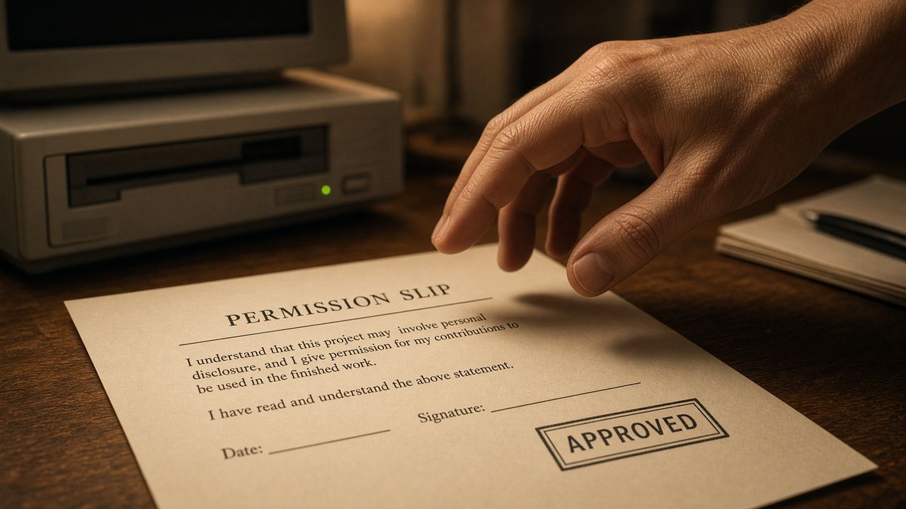 A hand hovering over a printed permission slip stamped APPROVE, next to a running computer