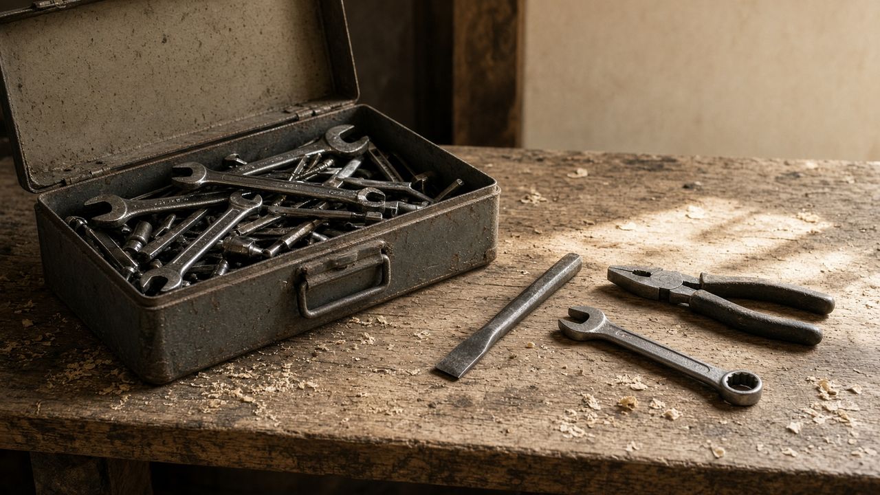 An overflowing toolbox beside three well-used tools in a patch of window light