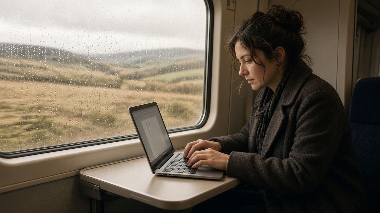 Someone working on a laptop by a rain-streaked train window, no cables